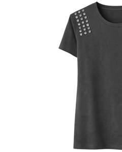 Camiseta de Algodón Gris Oscuro para Mujer, con Pedrería en el Hombro, Estilo Casual, Manga Corta, Top de Verano, Fabricante de Logotipos Personalizados OEM - Product Image 2