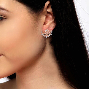 Premium Rose Gold Floral Peacock Fan Style Statement Ring with Sparkling CZ and <b>Silver</b> Baguette Stones - Product Image 4