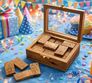 Handmade Acacia Wood Domino Set with Gold Inlay in Clear Lid Display Box Unique Personalized <b>Gift</b> - Product Image 1