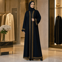 Abaya noire tricotée sur mesure pour femmes, broderie dorée en treillis, devant ouvert, manches longues, tenue modeste musulmane du Moyen-Orient, OEM
