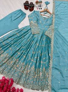 New Designer Women's Solid Heavy Chinon Silk Gown Pant & Dupatta Set with Embroidery 5mm Sequence Work Sleeve Mirror Work - Product Image 2