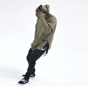 Custom <b>Men</b> Longline <b>Pullover</b> Hoodie Olive Curved Hem Side Zip Oversized Streetwear Fleece Cotton Hip Hop Hoodies Sweatshirt - Product Image 1