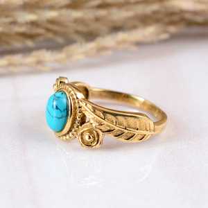 Wholesale Handcrafted Blue Turquoise Brass <b>Ring</b> 14k Gold Plated Leaf Motif Texture Dainty Band Unisex Engagement Bohemian Nature - Product Image 3