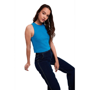 Camiseta sin mangas de punto azul para mujer, cuello redondo, color liso, estilo casual, transpirable y ajustada - Product Image 2
