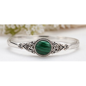 Malachite Silver Bangle <b>Bracelet</b>, 925 Sterling Silver Green Gemstone Bangle, Ornate <b>Boho</b> Jewelry, Statement <b>Bracelet</b> Gift for He - Product Image 3