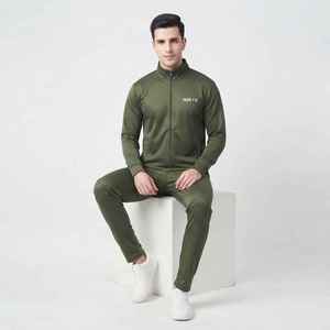 Ensemble de survêtement décontracté pour homme, vert olive, fermeture éclair intégrale, 2 pièces, couleur unie, poches latérales, coupe classique, pour l'automne - Product Image 4