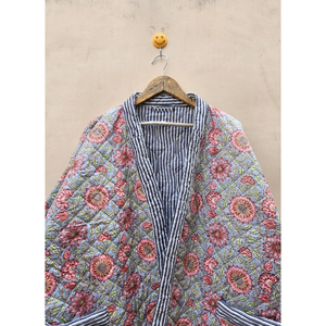 Handmade Organic Cotton Burfi Style Quilted Bathrobe Kimono <b>Dress</b> Floral Print Women's Eco-Friendly Vintage Warm Jacket Soft - Product Image 6