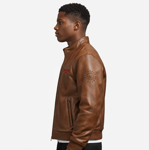Custom Genuine <b>Leather</b> Moto <b>Jacket</b> Men's Slim Fit <b>Leather</b> <b>Biker</b> <b>Jacket</b> with Stand Collar <b>Leather</b> Racer <b>Jacket</b> - Product Image 2