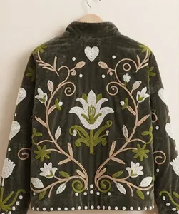 Luxury Green <b>Velvet</b> Floral Embroidered Suzani Jacket Full Sleeve Stand Collar Handmade Bohemian Style Autumn <b>Women's</b> <b>Coat</b> - Product Image 5