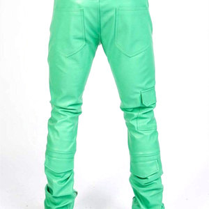 Pantalones de Cuero PU Verde para Hombre SALVA LEATHER, con Múltiples Bolsillos, Cierre de Cremallera, Cintura Elástica, Corte Recto, Impermeables, Casuales de Invierno - Product Image 3