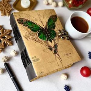 Diario de tapa dura vintage con diseño de mariposa verde, cuaderno de regalo con encuadernación cosida a mano en cuero genuino, Rajasthan - Product Image 3