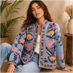 Pink Suzani Embroidered Knitted Velvet Quilted Reversible Bomber <b>Jacket</b> Linen Wool Vintage <b>Hippie</b> Style Autumn Winter Breathable - Product Image 1