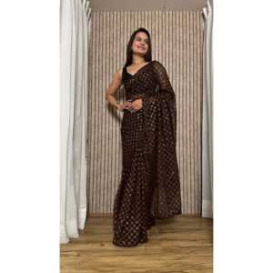 Sari de Noche FB Designer, Color Marrón, Talla M, 900g, para Fiestas, con Trabajo de Lentejuelas en Toda la Superficie - Product Image 3