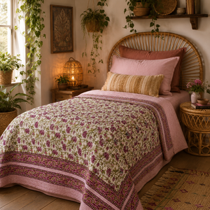 Ensemble de couette en coton fleuri avec bordure rose, design indien traditionnel, imprimé à la main, nettoyage à sec, utilisation à domicile ou à l'hôtel, toutes saisons - Product Image 4