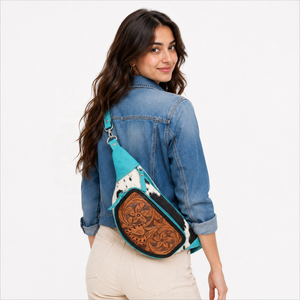 Bolso de Hombro de Cuero con Pelo Natural, Hecho a Mano, de Moda, Color Turquesa, Fácil de Llevar, Elegante, con Cinturón para Dinero - Product Image 3