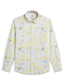 Enovate Men's Geometric Printed Breathable Casual Shirt White Base Yellow Gray Shapes Full Sleeve Turn-<b>down</b> Collar Slim Fit - Product Image 4
