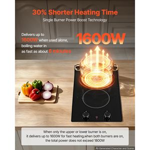 Table de cuisson électrique portable 12 pouces, 2 brûleurs, 1800W, 120V, à brancher, en céramique, encastrable, radiante, avec commande par bouton - Product Image 3