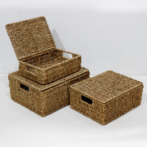 Seagrass Rectangular Rustic Style Eco-Friendly Hand-Woven Multifunction Storage <b>Basket</b> <b>with</b> <b>Lid</b> for Home Decoration - Product Image 1