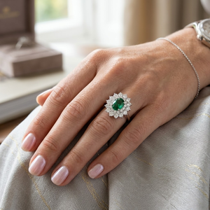 Anillo de Halo con Diamantes y Esmeralda Auténtica |   Anillo de Compromiso y Boda de Lujo en Oro Blanco de 18K con Esmeralda Ovalada como Piedra Central, Joyería Fina para Regalo - Product Image 1