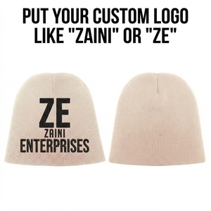 <b>Men</b> <b>Beanie</b> Cap Premium 220 GSM Acrylic Rib Knit Warm Stretch Winter <b>Hat</b> Beige Black Custom Screen Printed Logo Cuffed Fit - Product Image 1