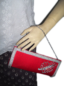 <b>Red</b> Velvet Envelope Clutch With Silver Beaded Leaf Decoration Chain Strap Evening Party Bag - Product Image 1