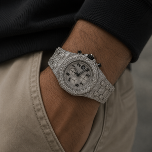 Silver diamond wristwatch with white dial three subdials <b>black</b> markers sparkling bezel and bracelet showcasing elegant craftsman - Product Image 5