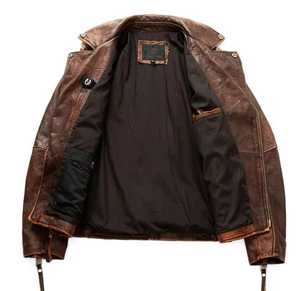 <b>Men's</b> Genuine <b>Leather</b> Slim Waterproof Moto Biker <b>Jacket</b> Stand Collar Zipper Closure Solid Color Satin Lining Autumn Style - Product Image 4