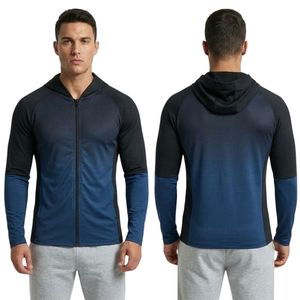 Durable Navy Blue Ombre Mens Gym <b>Hoodie</b> Poly Spandex Relaxed Fit Breathable Full Zip Hooded Neck Long Sleeve Gym Hoodies - Product Image 1