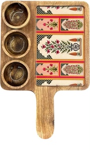 Plateau de service en bois fait main avec 3 bols à motif floral pour apéritifs et collations de fête - Product Image 2