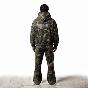 Mens <b>Camouflage</b> <b>Tracksuit</b> Hoodie Cargo Pants Rhinestone Leaf Embroidery Custom Streetwear Sportswear Set - Product Image 2