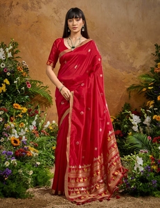 KV Women's Cotton Blend <b>Red</b> Woven Designer <b>Saree</b> With Unstitched Blouse - Product Image 1