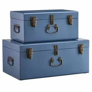 Set Of 2 Vintage Blue Metal Storage Trunks Stackable Rectangular Lidded Boxes for Home Organization Trunk <b>Box</b> - Product Image 1