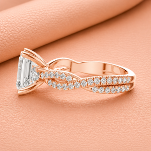 Bague de fiançailles de luxe en or rose avec diamant taille émeraude, bande pavée torsadée, bijoux de mariée, cadeau d'anniversaire - Product Image 3