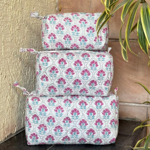 Premium White Pink Jaipur hand block print Cotton Quilted Pouch Set Sustainable non toxic dye Waterproof Daily Use Durable - Product Image 1