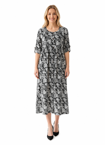 Black White Floral Print Midi <b>Dress</b> V Neck Long Sleeve Fit and Flare Casual Party <b>Dress</b> - Product Image 2