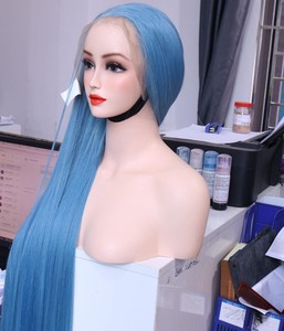 Peluca de Cabello Humano Vietnamita Liso y Sedoso, Color Azul Océano, con Frente de Encaje Recto, Sin Pegamento, Pre-Desplumada - Product Image 1