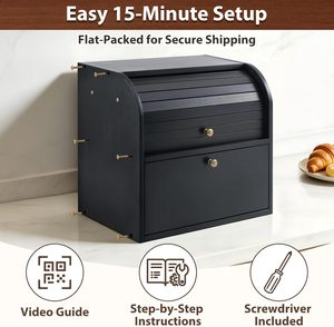 2 Tier <b>Wooden</b> <b>Bread</b> Box Roll Top <b>Bread</b> <b>Bin</b> Natural Wood Food Storage Container Organizer For Kitchen Countertop Wholesale - Product Image 2