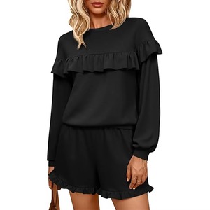 Haut à volants noir en maille à manches longues pour femme, col rond, couleur unie, respirant, idéal pour le printemps - Product Image 4