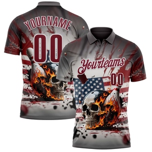 Wholesale Direct OMMIZ INDUSTRY Custom Gray Crimson-White 3D American Flag Splash <b>Flame</b> Skull Bowling Performance Polo <b>Shirt</b> - Product Image 1