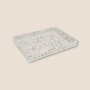 Plateau de service rectangulaire en bois poli de luxe, fait main, avec incrustation de os vert, poignées à motifs graphiques, pour la décoration intérieure - Product Image 2