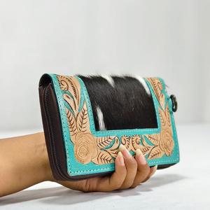 Portefeuille pour femme en cuir véritable fait main, motif lettres, style bohème, fermeture ouverte, grande capacité, multifonction, Vénus - Product Image 2