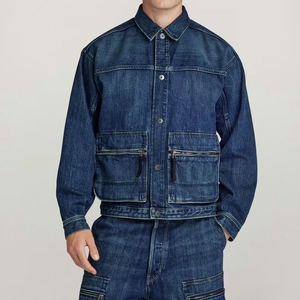 Men's Blue Denim <b>Jacket</b> Workwear Style Turn-down Collar <b>Zipper</b> <b>Pockets</b> Washed Cotton Autumn Regular Fit Custom logo - Product Image 2