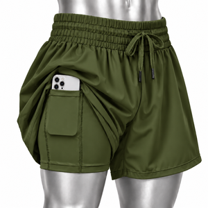 Shorts de sport pour femmes en nylon et polyester, couleur jaune moutarde, taille haute, coupe ample, avec poche latérale profonde, personnalisables - Product Image 4