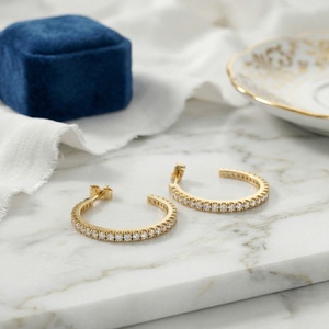 0.20CTW Round Cut Diamond Open <b>Hoop</b> Earrings Pave Set Solid <b>Gold</b> <b>Small</b> C Shaped Studs Minimalist Fine Jewelry Gift for Women - Product Image 1
