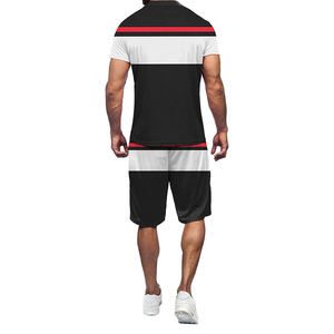 Ensemble deux pièces polo rayé pour homme : haut décontracté à manches courtes boutonné et short assorti – Tenue de sport et de détente estivale - Product Image 2