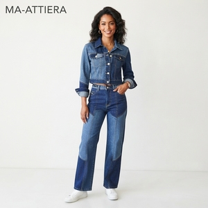 Women Blue Denim Cropped Jacket Patchwork Jeans Set High Waist Wide Leg <b>Pants</b> Two Piece Casual Denim Outfit Wholesale - Product Image 1