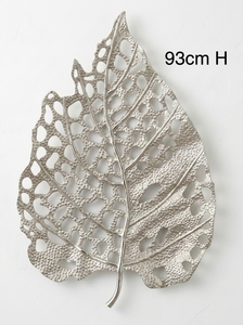 Plateau décoratif mural en aluminium moulé à la main, motif feuille d'argent, 93 cm, sculpture métallique creuse pour entrée et salon - Product Image 2