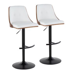 Sgabello da Bar Gianna Stile Mid-Century Moderno, Regolabile e Girevole, in Metallo Nero e Legno di Noce, Seduta in Ecopelle Bianca, Design con Parte Superiore Arrotondata - Product Image 1