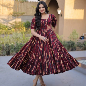 ชุดคุर्ติผ้าฝ้ายพิมพ์ลายแบบดั้งเดิมสำหรับผู้หญิง ความยาวระดับข้อเท้า เหมาะสำหรับฤดูร้อน แห้งเร็ว ยืดหยุ่นได้ กลับด้านได้ ไม่ยับง่าย - Product Image 1