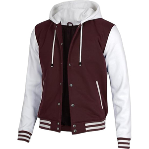 <b>Men's</b> Royal Blue Varsity <b>Jacket</b> Hooded Button Closure <b>White</b> Sleeve Solid Color Casual Style Autumn Wear Regular Fit Satin Lining - Product Image 4